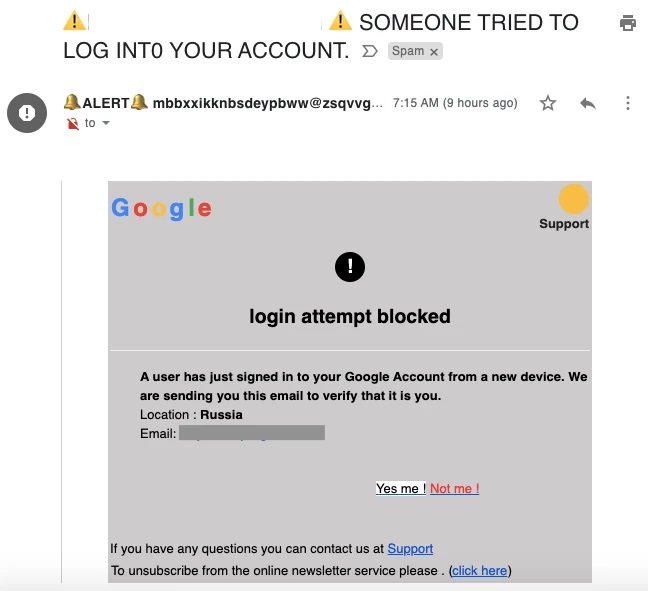 Screenshot of a phishing email from a scammer pretending to be a Google suspicious login alert