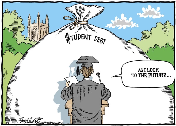 A cartoon of a college graduate in cap and gown giving a speech beginning with "as I look to the future..." while the audience is a giant bag of student debt.