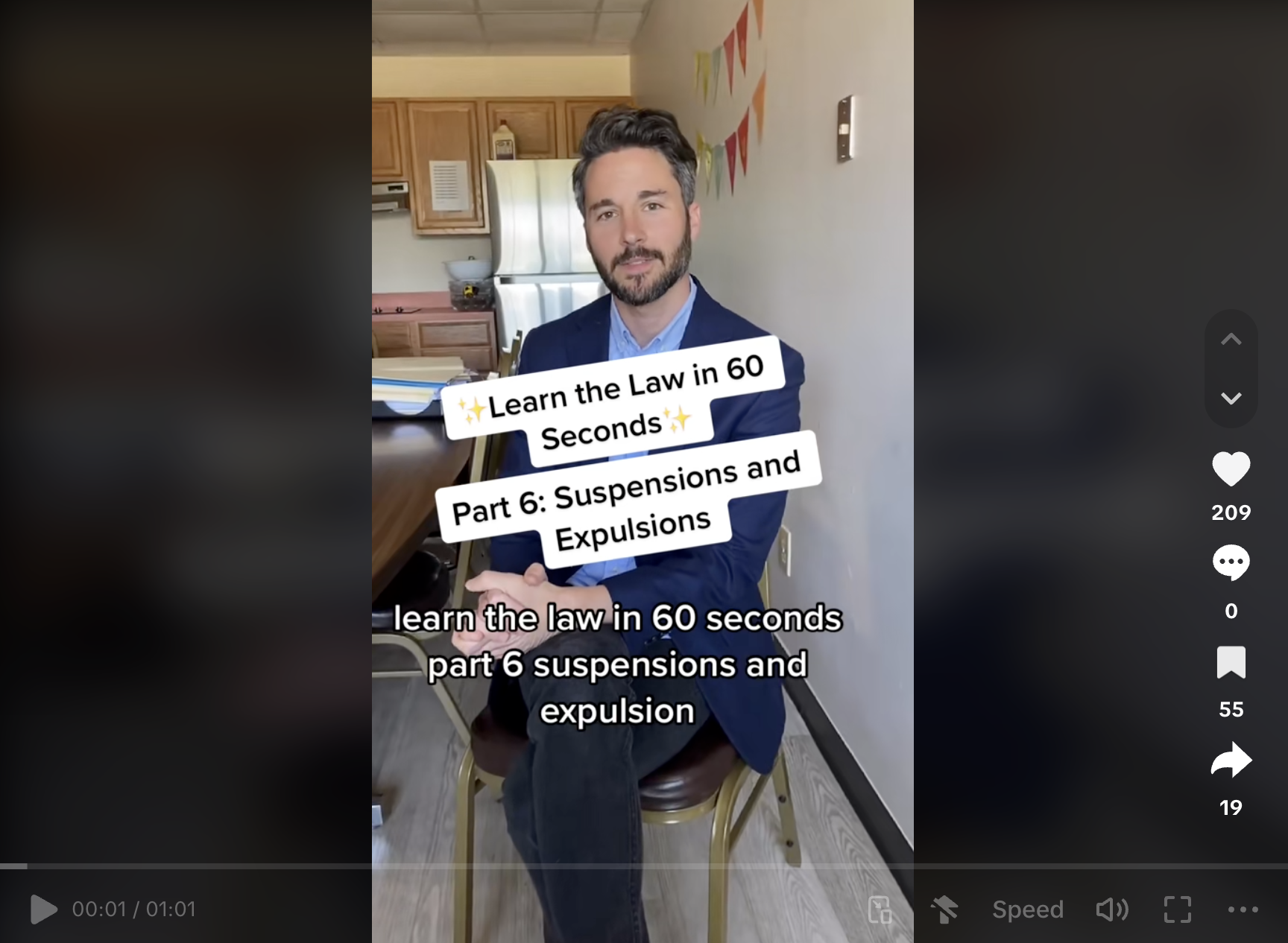Speaker in the middle of the TikTok screen sitting on a chair in his kitchen while he explains the law in 60 seconds
