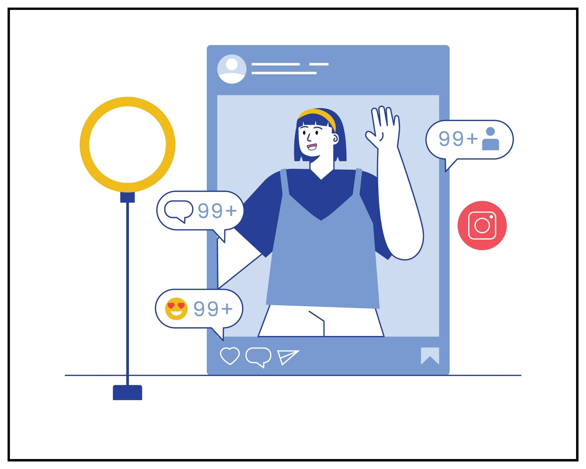 Illustration of a woman waving to their phone camera making social media content.